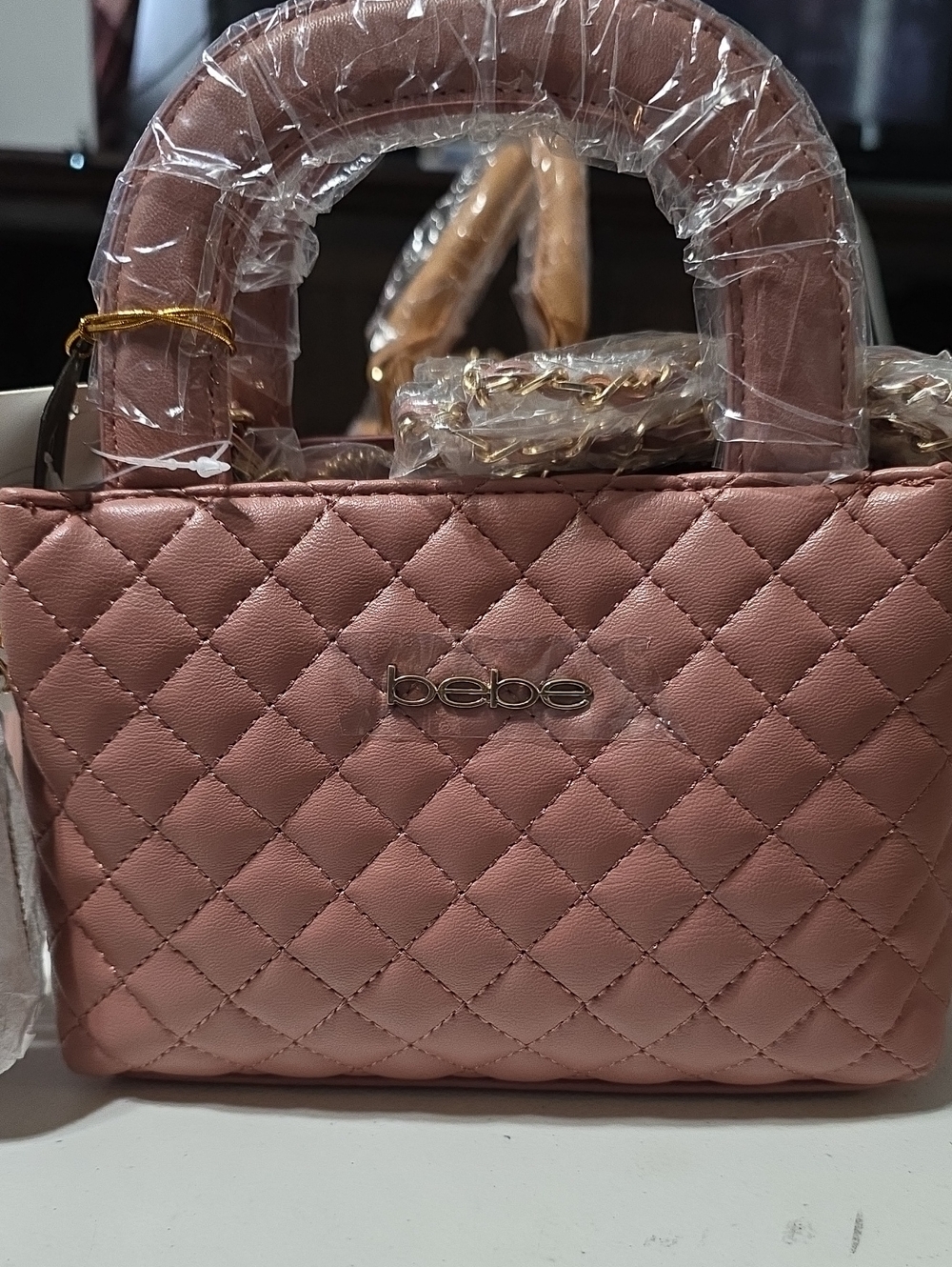 bebe Quilted Blush Pink Satchel with Chain Accent